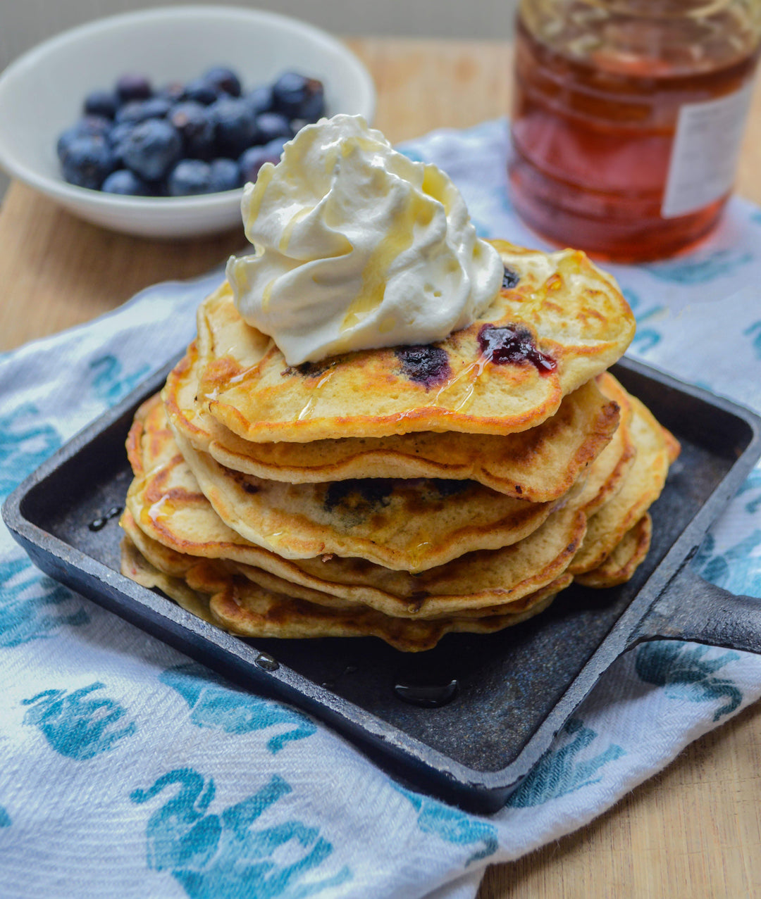 Fluffy Blueberry Pancakes with Honey Whipped Cream