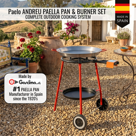 ICO by PAELO Andreu 18" Paella Pan Set with Dual-Ring Gas Burner & Wheeled Mobile Stand | Authentic Garcima, Made in Spain | Serves 12