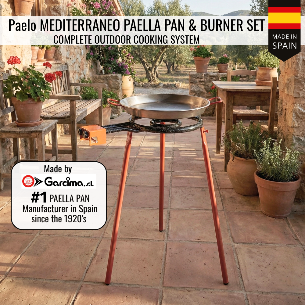 ICO by PAELO Mediterraneo 16" Paella Pan Set with 14" Dual-Ring Gas Burner & 30" Reinforced Stand | Authentic Garcima, Made in Spain | Serves 10