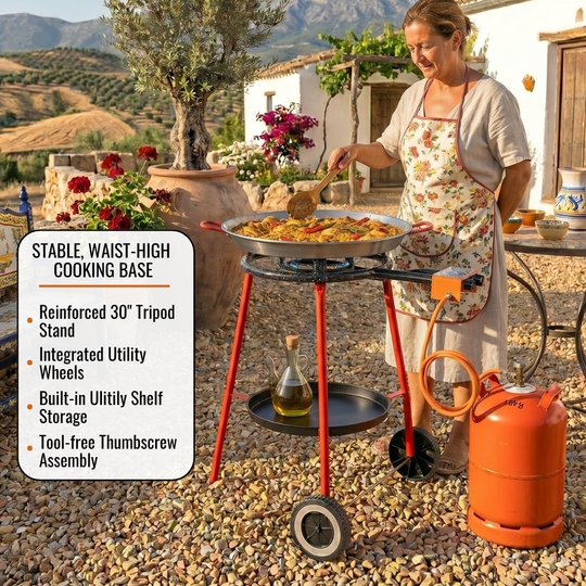 ICO by PAELO Andreu 18" Paella Pan Set with Dual-Ring Gas Burner & Wheeled Mobile Stand | Authentic Garcima, Made in Spain | Serves 12