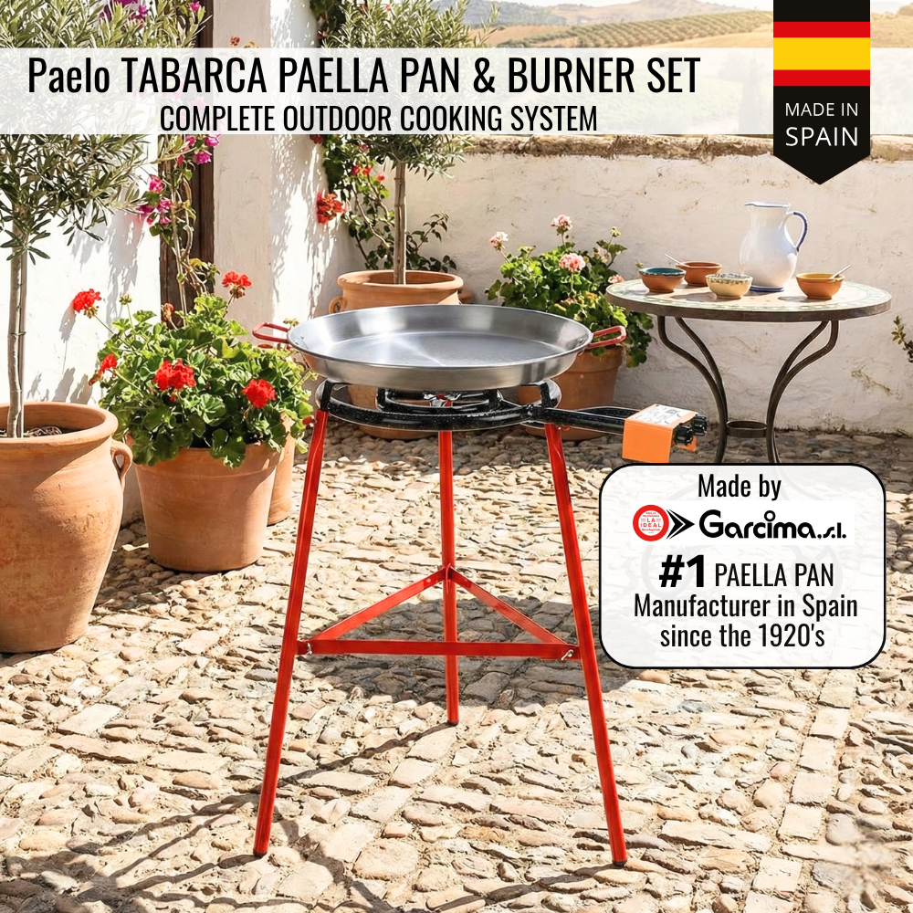ICO by PAELO Tabarca 20" Paella Pan Set with Dual-Ring Burner & 30" Reinforced Tripod Stand | Authentic Garcima, Made in Spain | Serves 14