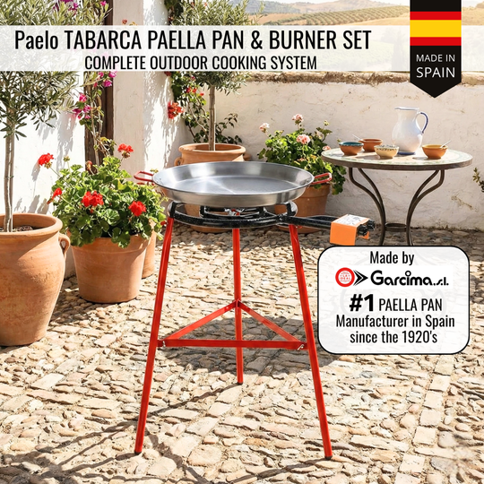 ICO by PAELO Tabarca 20" Paella Pan Set with Dual-Ring Burner & 30" Reinforced Tripod Stand | Authentic Garcima, Made in Spain | Serves 14