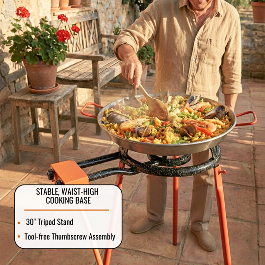 ICO by PAELO Mediterraneo 16" Paella Pan Set with 14" Dual-Ring Gas Burner & 30" Reinforced Stand | Authentic Garcima, Made in Spain | Serves 10