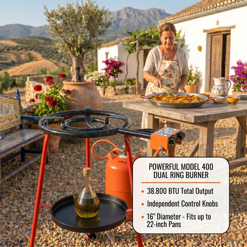 ICO by PAELO Andreu 18" Paella Pan Set with Dual-Ring Gas Burner & Wheeled Mobile Stand | Authentic Garcima, Made in Spain | Serves 12