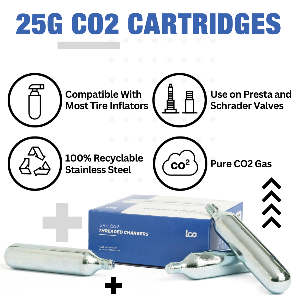 ICO 25g CO2 Cartridge Carbon Dioxide Gas for MTB Bike Tire and Motorbike Tire Inflation, THREADED