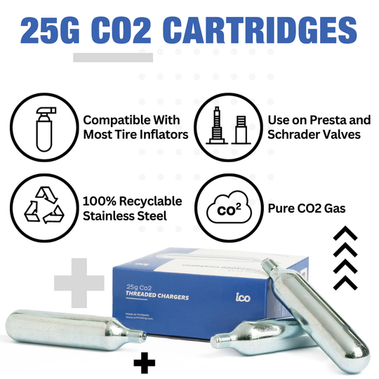 ICO 25g CO2 Cartridge Carbon Dioxide Gas for MTB Bike Tire and Motorbike Tire Inflation, THREADED