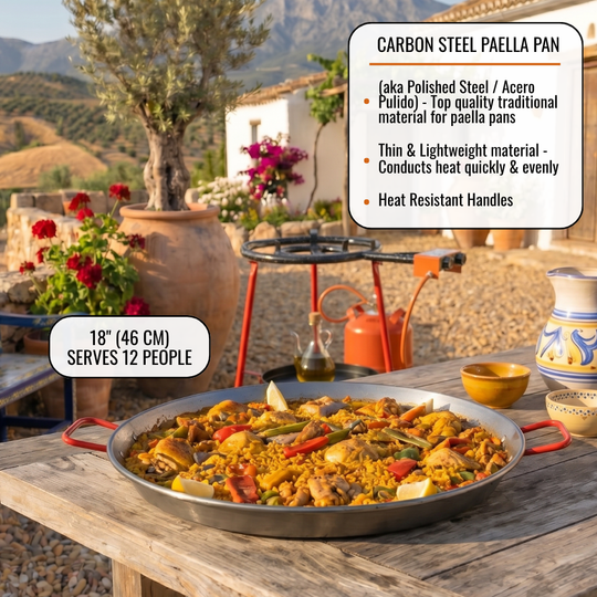 ICO by PAELO Andreu 18" Paella Pan Set with Dual-Ring Gas Burner & Wheeled Mobile Stand | Authentic Garcima, Made in Spain | Serves 12