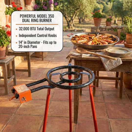 ICO by PAELO Mediterraneo 16" Paella Pan Set with 14" Dual-Ring Gas Burner & 30" Reinforced Stand | Authentic Garcima, Made in Spain | Serves 10