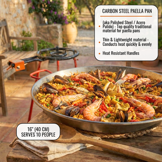 ICO by PAELO Mediterraneo 16" Paella Pan Set with 14" Dual-Ring Gas Burner & 30" Reinforced Stand | Authentic Garcima, Made in Spain | Serves 10