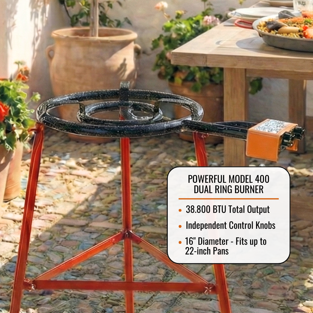 ICO by PAELO Tabarca 20" Paella Pan Set with Dual-Ring Burner & 30" Reinforced Tripod Stand | Authentic Garcima, Made in Spain | Serves 14