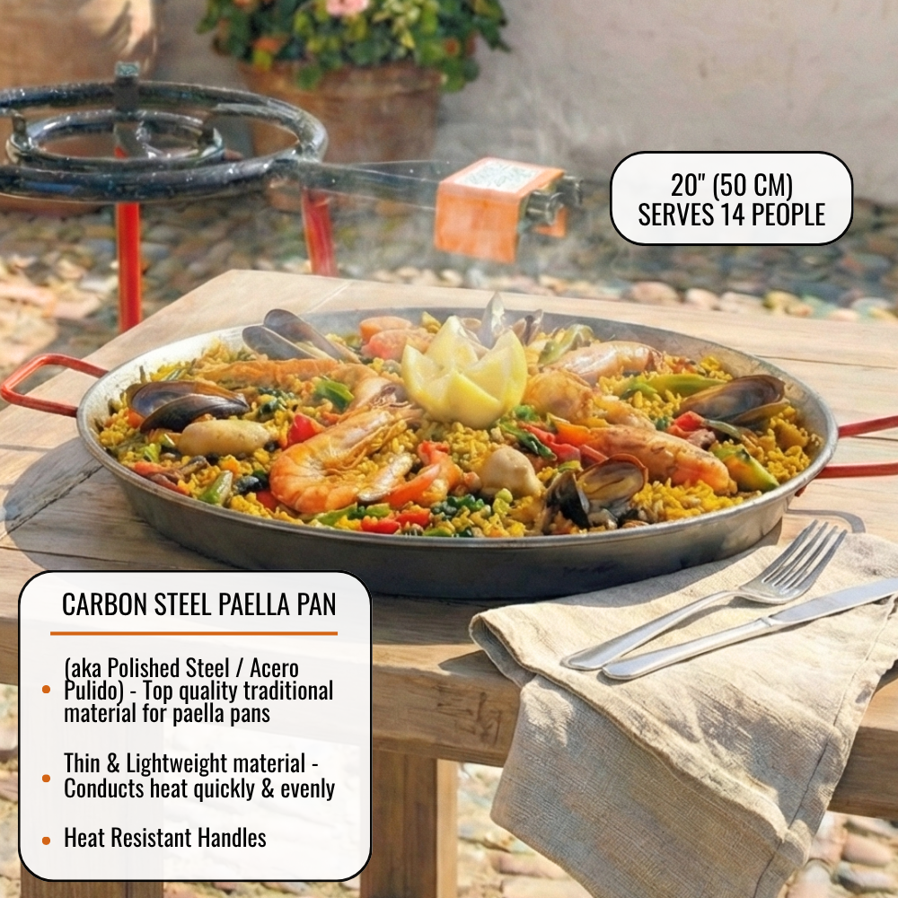 ICO by PAELO Tabarca 20" Paella Pan Set with Dual-Ring Burner & 30" Reinforced Tripod Stand | Authentic Garcima, Made in Spain | Serves 14