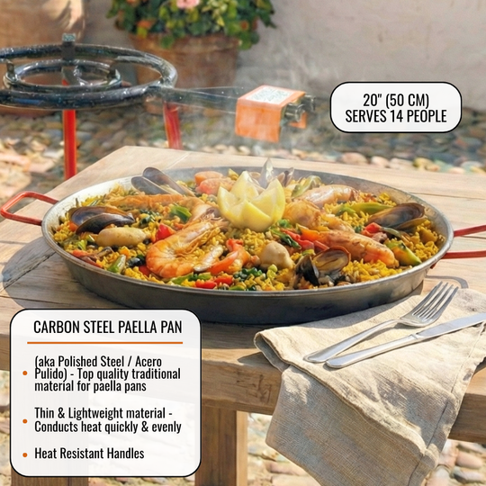 ICO by PAELO Tabarca 20" Paella Pan Set with Dual-Ring Burner & 30" Reinforced Tripod Stand | Authentic Garcima, Made in Spain | Serves 14