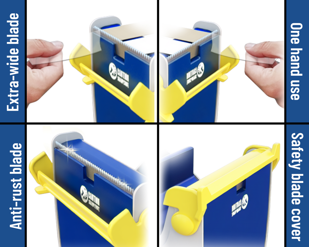 Extra wide anti-rust serrated cutting blade with manual retractable safety guard on steel dispenser