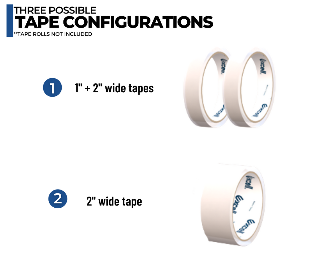 Uses one or dual 1-inch masking and labeling tape rolls or 2-inch wide masking or packing tape roles  o