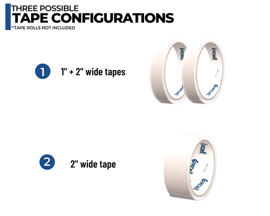 Uses one or dual 1-inch masking and labeling tape rolls or 2-inch wide masking or packing tape roles  o