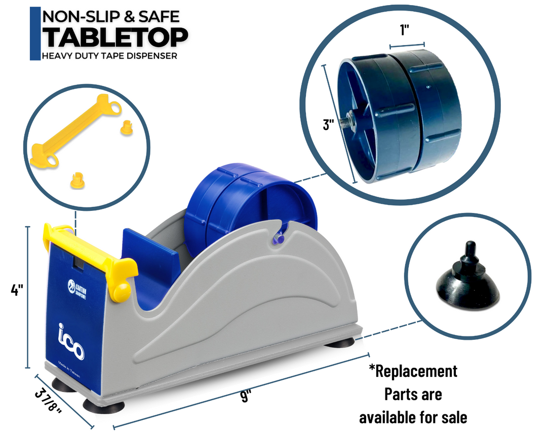2 inch multi roll tape dispenser showing dual 1 inch plastic roller core wheels for 3 inch core tape, suction feet, and blade cover