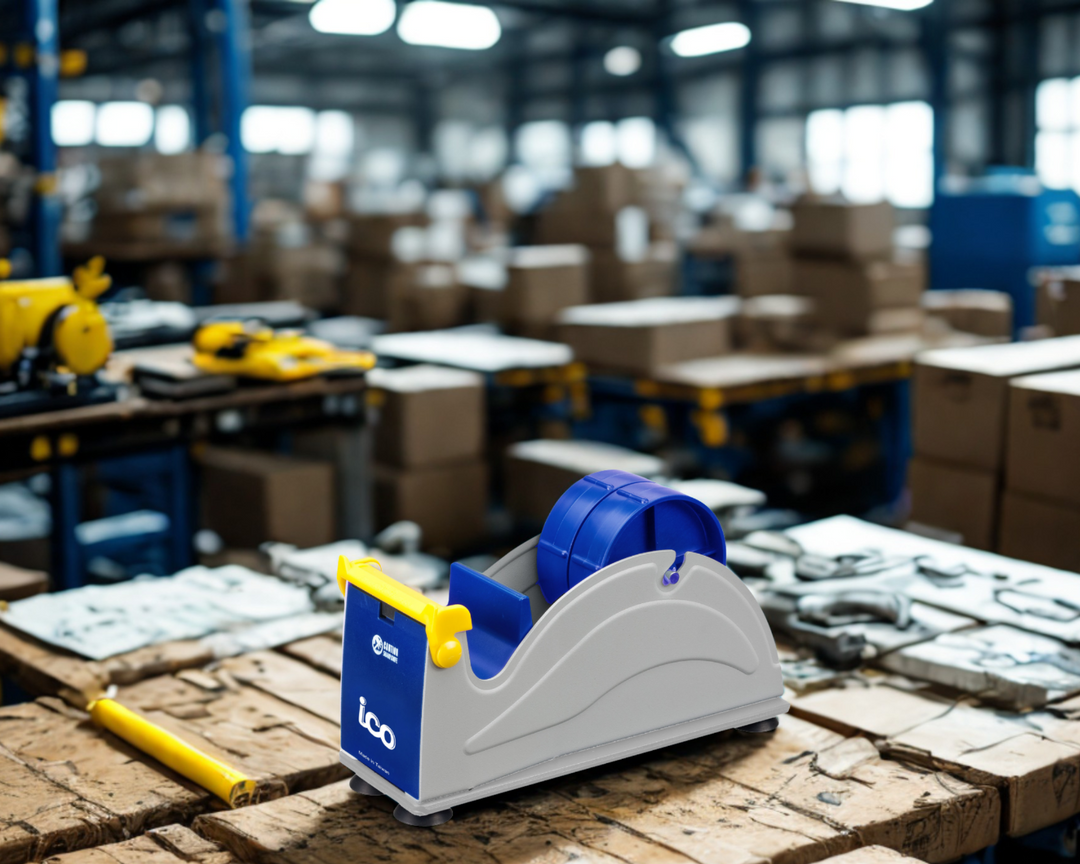 Commercial ICO_ET-12271 steel tape dispenser in use on warehouse packaging workstation for carton sealing