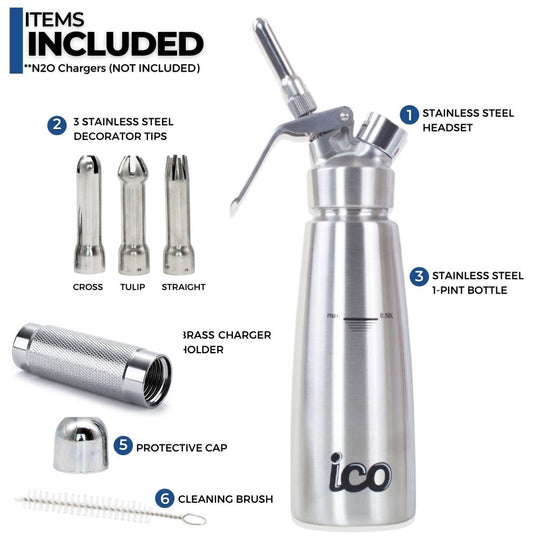ICO Professional All Stainless Steel Whipped Cream Dispenser (1 Pint/0.5L)