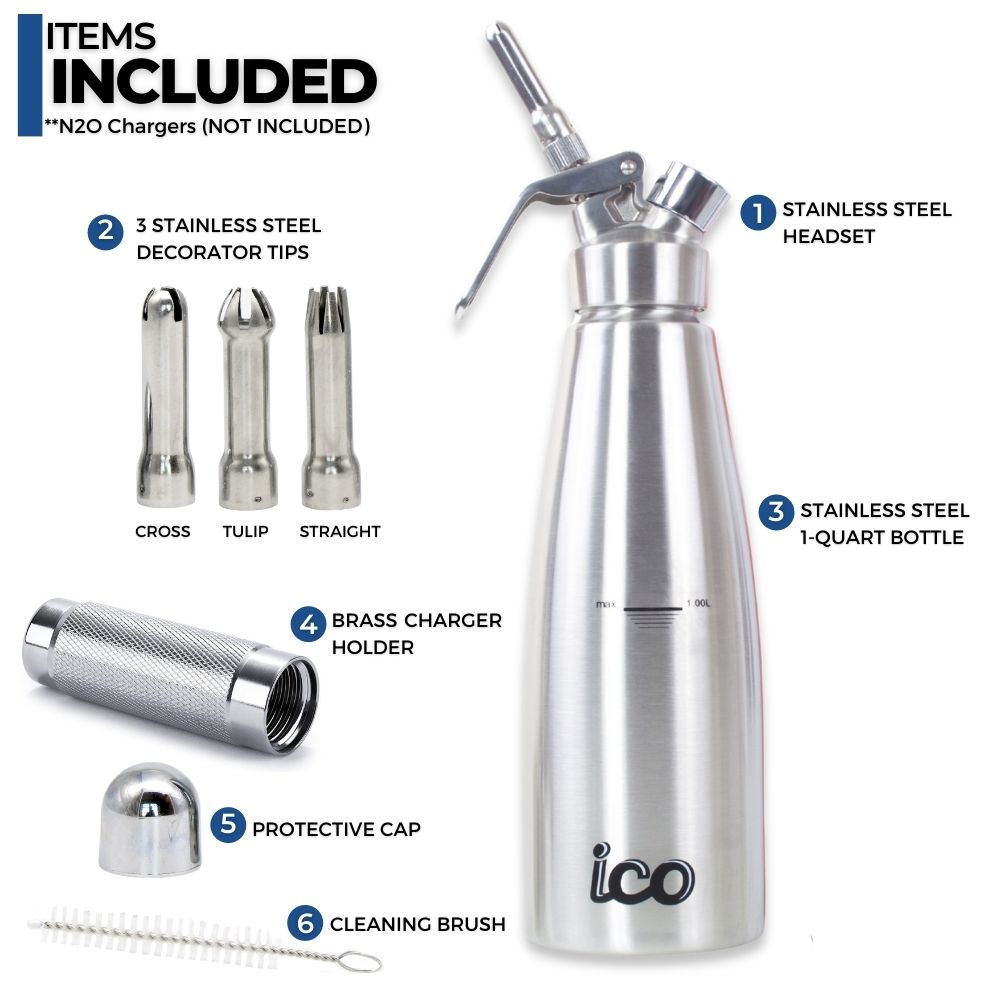 ICO Professional All Stainless Steel Whipped Cream Maker Dispenser (1 Quart/ 1L)