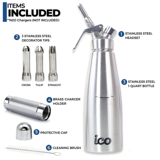 ICO Professional All Stainless Steel Whipped Cream Maker Dispenser (1 Quart/ 1L)