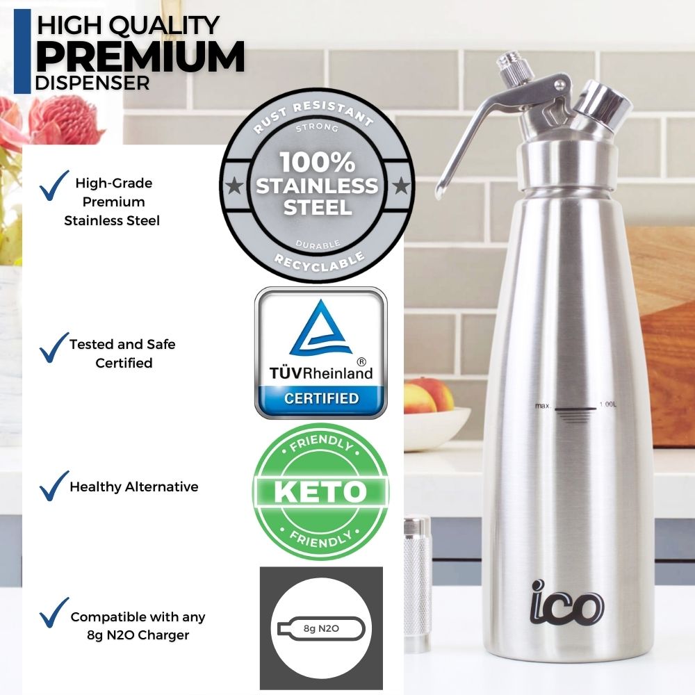 ICO Professional All Stainless Steel Whipped Cream Maker Dispenser (1 Quart/ 1L)