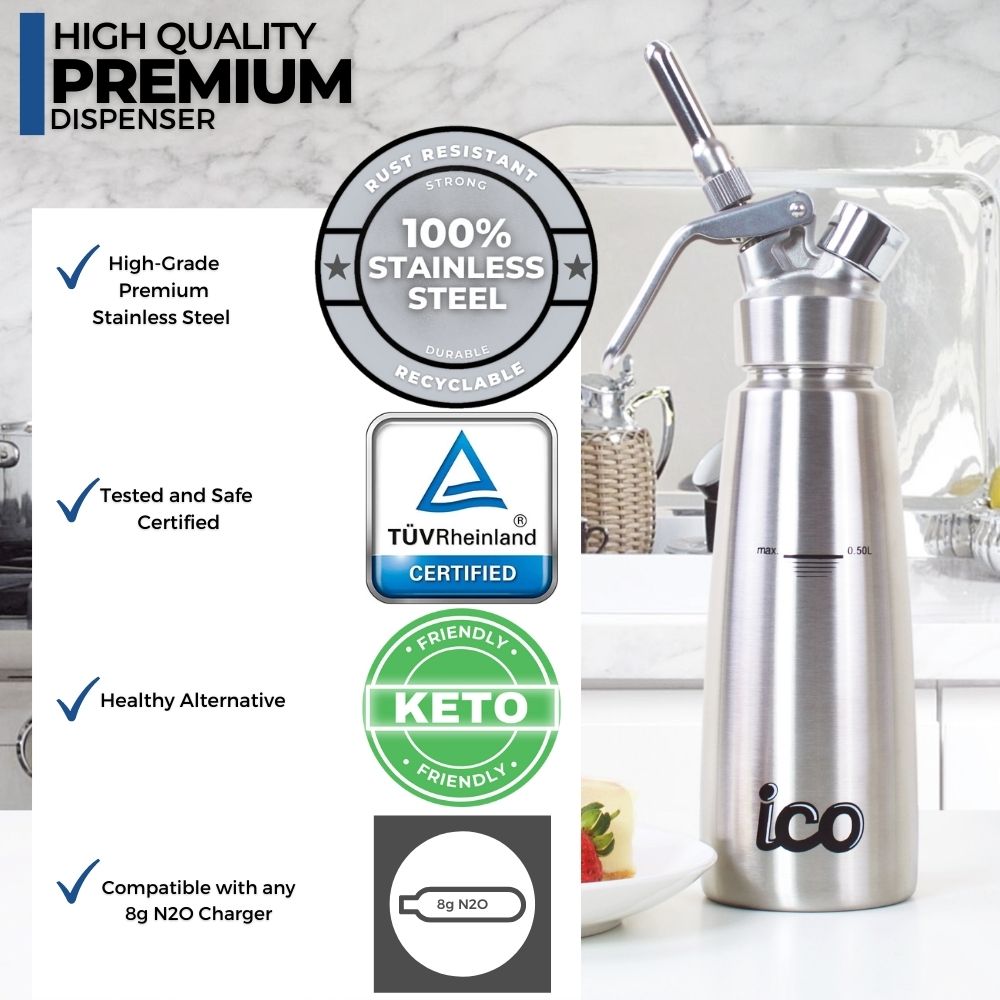 ICO Professional All Stainless Steel Whipped Cream Dispenser (1 Pint/0.5L)